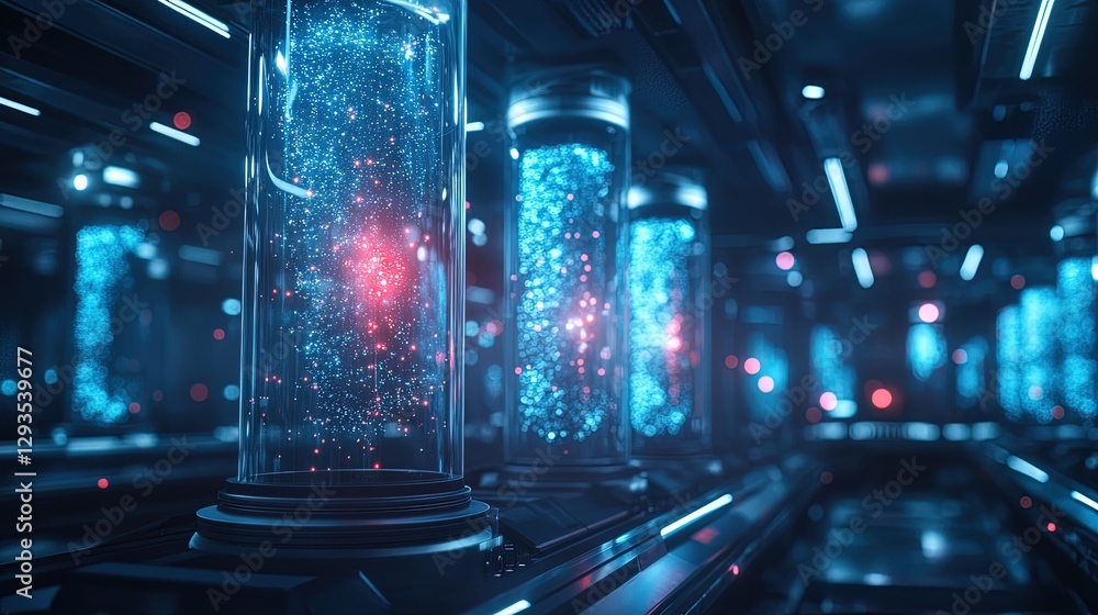Poster dark futuristic lab with quantum particles floating in glass chambers, mysterious and high-tech