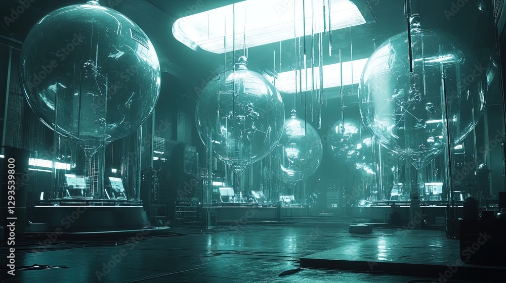 Poster dark futuristic lab with quantum particles floating in glass chambers, mysterious and high-tech