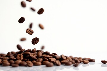 Obraz premium Close-up of falling coffee beans against white background, aroma, motion