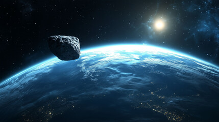 asteroid passing near earth atmosphere concept of space extinction threat in future  