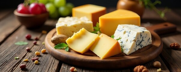 A variety of artisanal cheeses on a wooden board with grapes and nuts, wooden, grapes