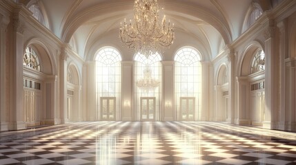 Fototapeta premium Sunlit Grand Hall: Elegant Checkerboard Floor, Crystal Chandeliers, and Archways