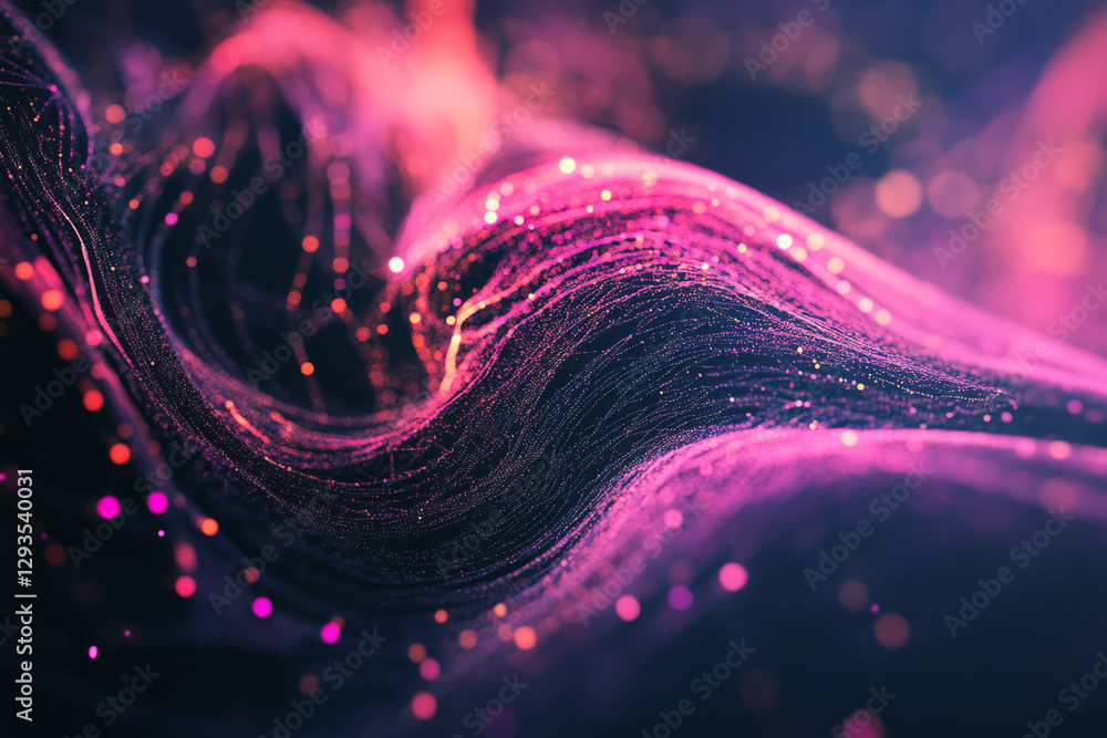 Poster a swirling abstract digital nebula composed of luminous cybernetic particles, glowing neural pathway