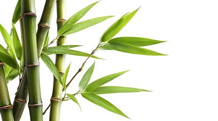 Naklejka premium Fresh green bamboo stalks and leaves, dew drops, white background, nature, serenity, spa, wellness