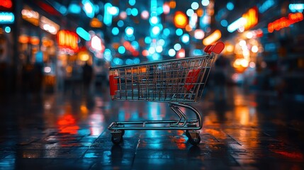 Shopping cart on a wet floor capturing a moment of everyday life in retail environments highlighting practicality