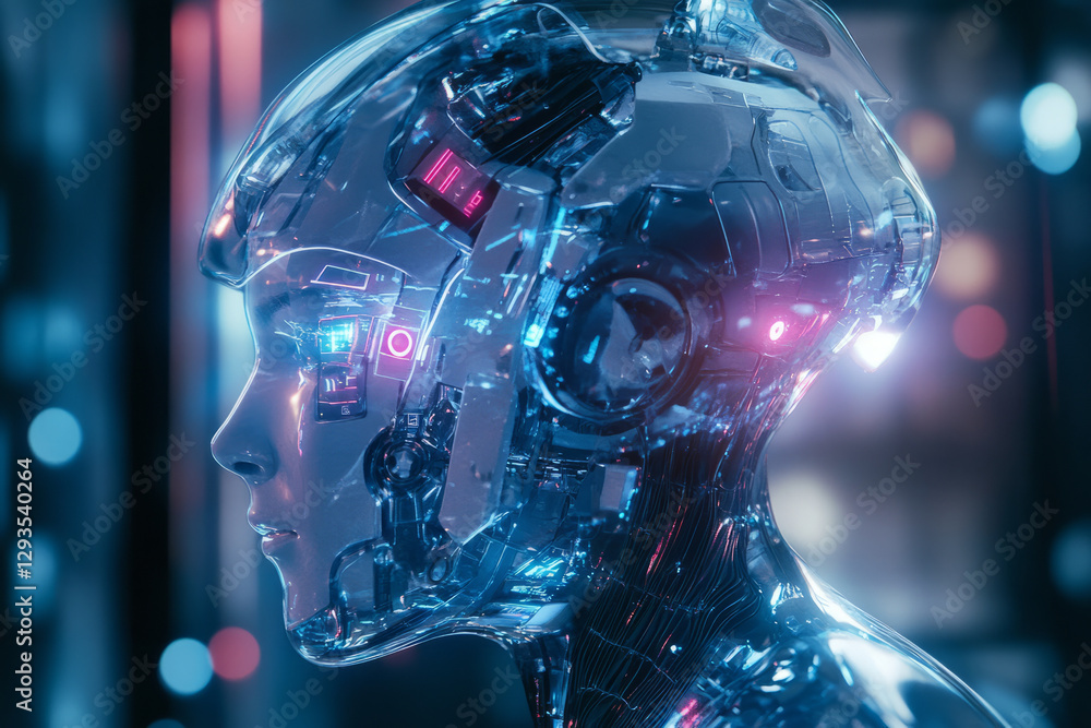 Poster a futuristic ai-powered holographic assistant, composed of glowing cybernetic energy, floating digit