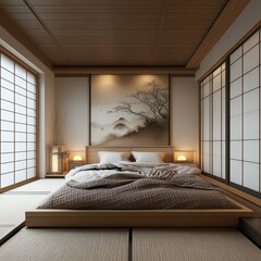 Minimalist Japanese Style Bedroom Features Contemporary Bed