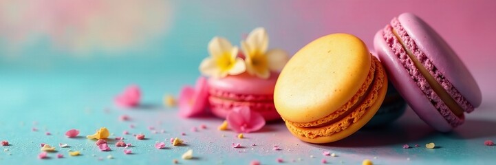 Flat lay of vibrant macarons on a colorful background, pastries, bakery