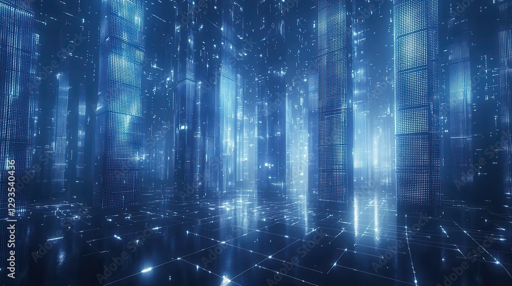 Poster futuristic cityscape with intricate line patterns and vibrant neon lights illuminating the urban env