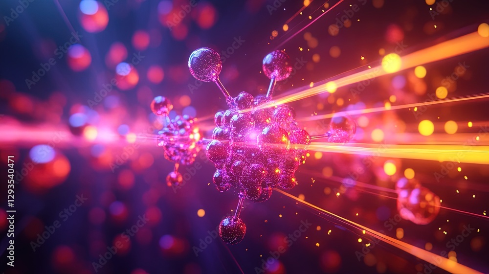 Poster concept of quantum teleportation represented by particles moving through light beams