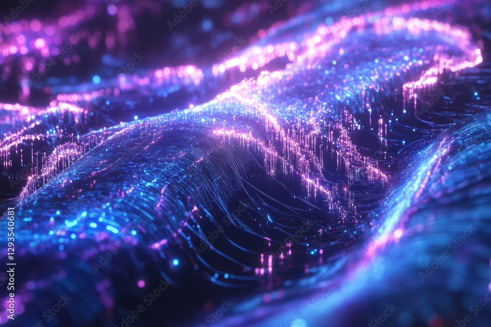 Poster a futuristic neural network visualization, showcasing glowing digital synapses connected by electric