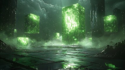 Glowing green cubes in futuristic city; night scene, science fiction, game background