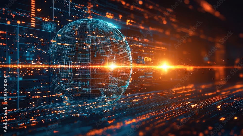 Poster a globe surrounded by a digital world with abstract elements representing connectivity and the moder