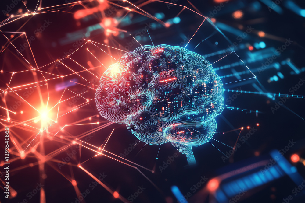 Poster an advanced digital interface, displaying glowing ai-driven neural connections, cybernetic energy wa