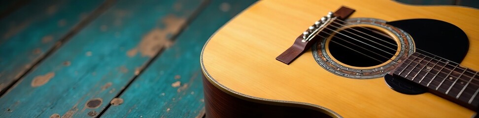 Fototapeta premium Close-up shot of acoustic guitar on grunge background, music, aged