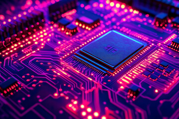 High-tech 3D rendering of a futuristic motherboard, glowing circuits, pulsating light trails, neon reflections, cybernetic theme, ultra-HD, photorealistic, digital innovation.