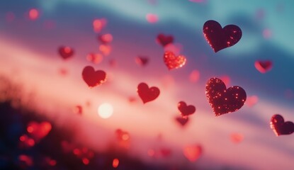 Obraz premium A Valentine's Day background with glowing red hearts floating in the air, creating an enchanting and romantic atmosphere 