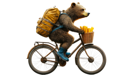 Bear on a bicycle, delivering mail in the neighborhood isolate on transparent background