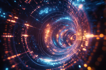 Obraz premium A mesmerizing digital fractal structure, composed of swirling holographic AI-driven data clusters, glowing cybernetic connections, and futuristic energy waves. The high-tech background represents