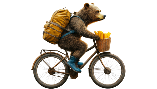Bear on a bicycle, delivering mail in the neighborhood isolate on transparent background