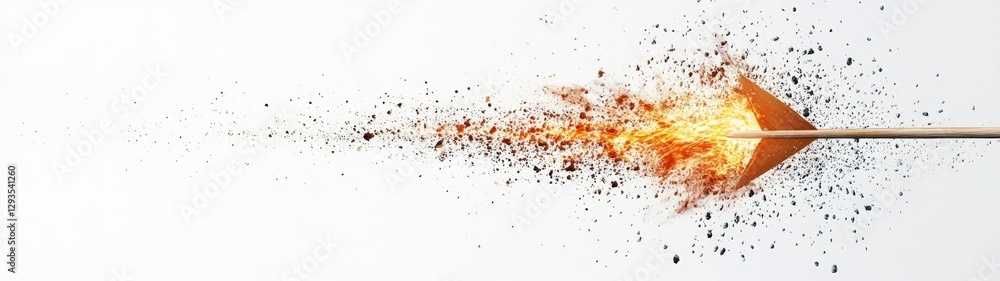 Poster flaming arrow with explosion effect on clean white background