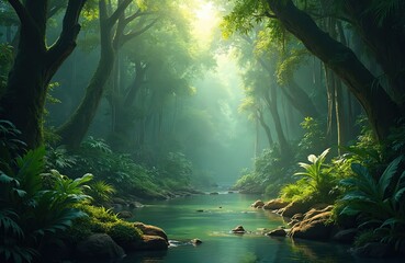 Untamed green prehistoric jungle with tropical nature. Forest landscape with water, trees, fog, plants, rocks, palms, sunlight. Adventure background with fantasy ferns, herbivore stones, ancient