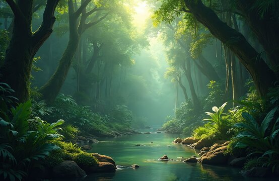 Untamed green prehistoric jungle with tropical nature. Forest landscape with water, trees, fog, plants, rocks, palms, sunlight. Adventure background with fantasy ferns, herbivore stones, ancient