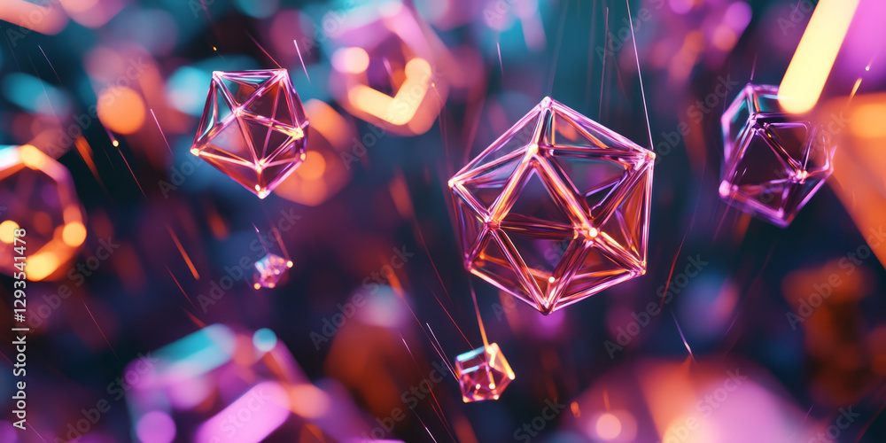 Poster a visually captivating abstract background with softly glowing, floating neon polyhedrons dynamicall