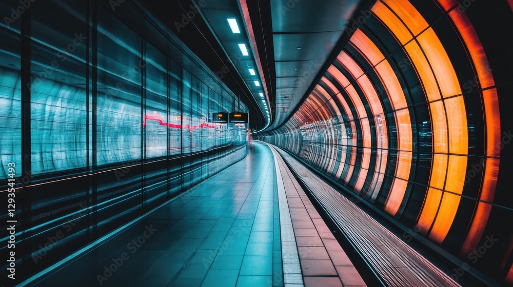 Poster futuristic subway tunnel with vibrant glow and smooth curves in urban architecture design