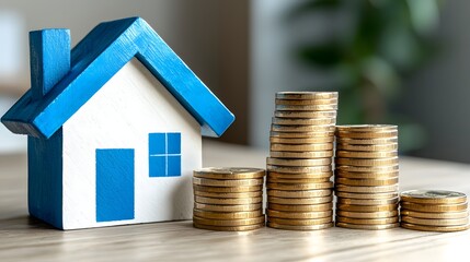 Blue and White House Model with Stacks of Gold Coins on Wooden Surface