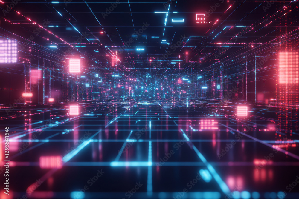 Poster a vast digital grid stretching infinitely into the distance, composed of glowing interconnected node