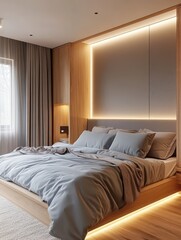 A Modern Bedroom Featuring Illuminated Bed Design and Lighting