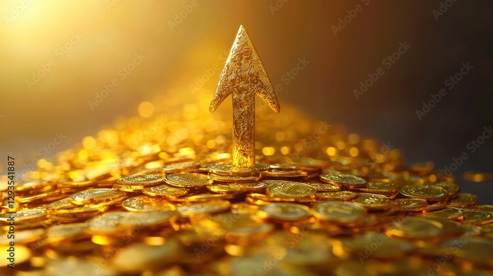 Poster shiny gold arrow pointing upward resting on a pile of various sized gold coins with a soft focus bac