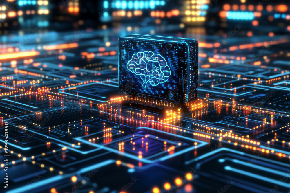 Poster a futuristic artificial intelligence processor, surrounded by glowing cybernetic circuits, holograph