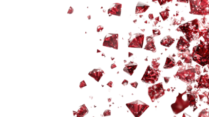 Bright red diamonds scatter across a white background, showcasing their intricate facets and gleaming surface under light