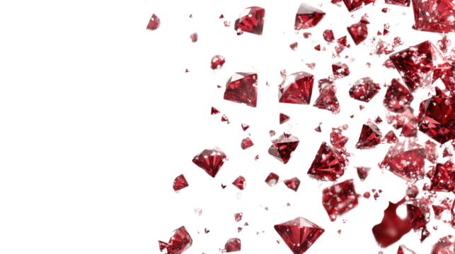 Bright red diamonds scatter across a white background, showcasing their intricate facets and gleaming surface under light - Powered by Adobe