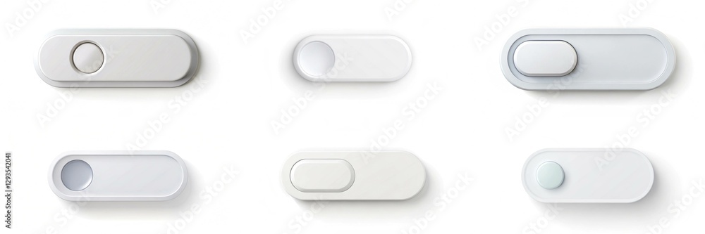 Poster a row of white buttons with a white background. the buttons are all different sizes and shapes. conc