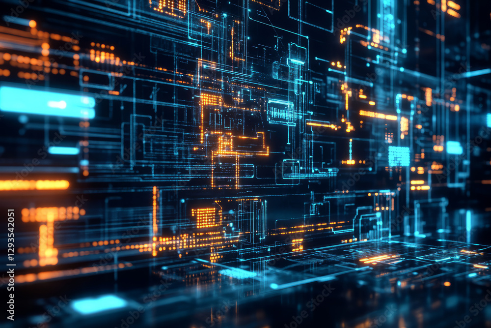 Poster a futuristic digital blueprint, displaying glowing ai-driven schematics, cybernetic pathways, and ho