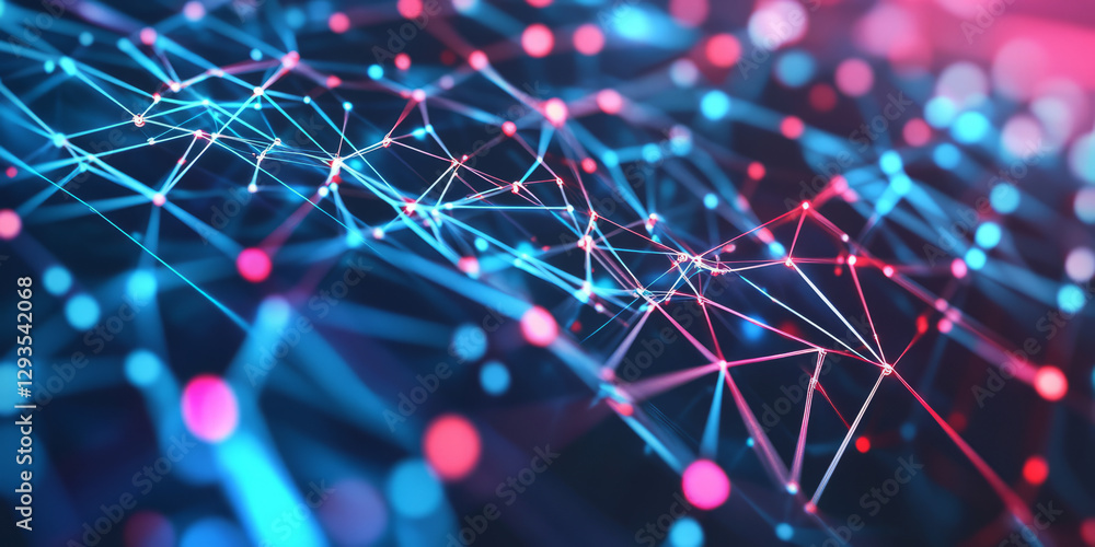 Poster a futuristic abstract background featuring a complex geometric network of neon-lit polygons, seamles