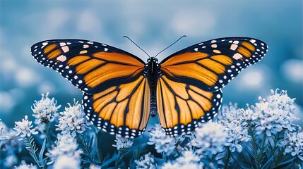 Fototapeta premium Monarch butterfly on white flowers, nature background, serene scene, perfect for nature prints