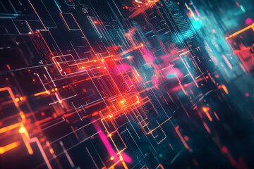 Fototapeta premium Abstract futuristic background with 3D-rendered interconnected geometric shapes, floating digital grids, cyberpunk-style neon lighting, and ultra-detailed reflections. Tech-based visualization, high