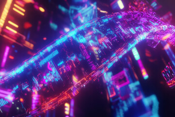 Obraz premium A glowing cybernetic DNA sequence, composed of swirling AI-driven energy trails, holographic data streams, and pulsating neon symbols. The futuristic high-tech background represents biotechnology,