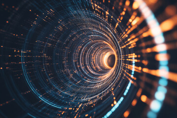Obraz premium Futuristic abstract rendering of a time-space digital warp, glowing circuits forming an endless tunnel, cybernetic AI-driven aesthetics, ultra-HD, sci-fi concept.