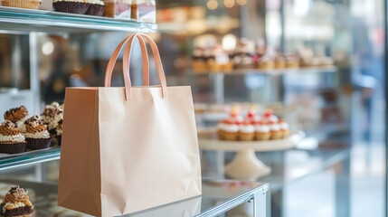 Paper bag mockup on table near shelves with various desserts in cafe