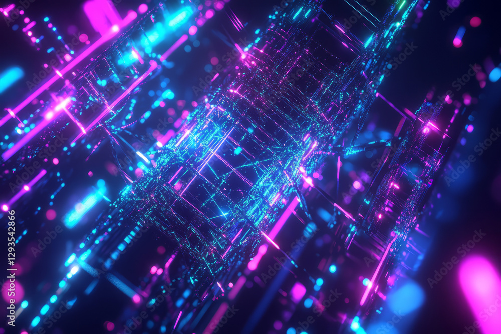 Poster abstract cybernetic fractal-based digital structure, glowing with neon holographic reflections. the 