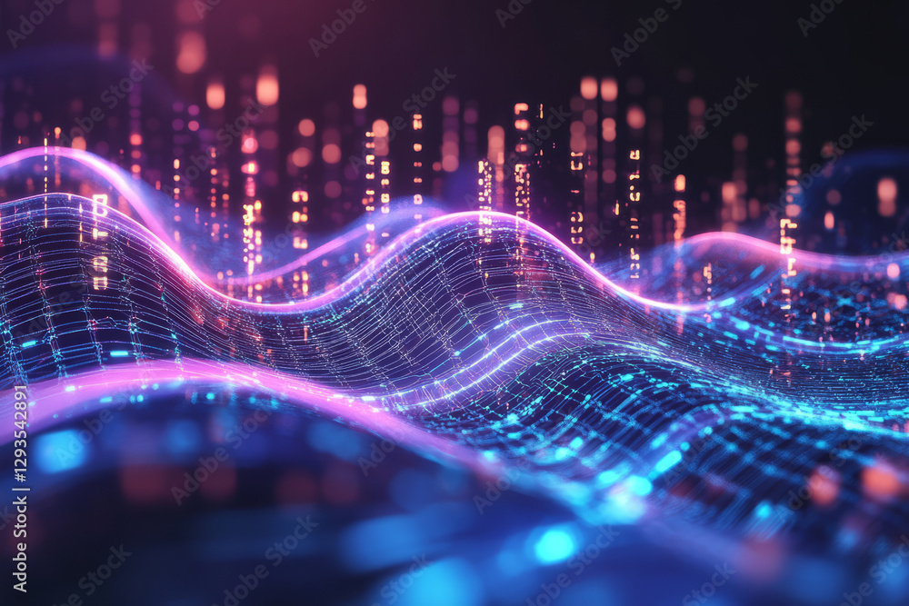 Poster a futuristic energy field composed of swirling quantum light waves, cybernetic data streams, and hol