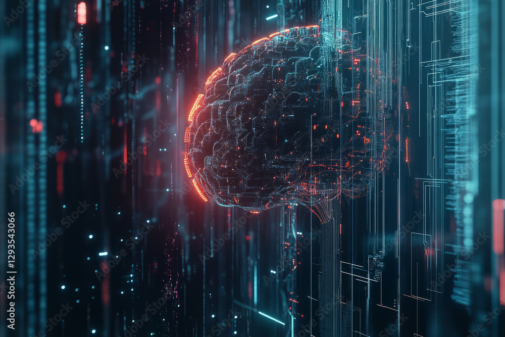 Poster a futuristic ai-driven cloud network, composed of glowing cybernetic nodes, pulsating digital energy