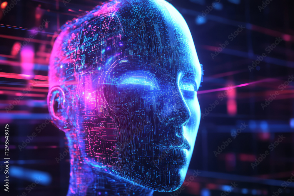 Poster abstract visualization of artificial intelligence, depicting a glowing humanoid face composed of int
