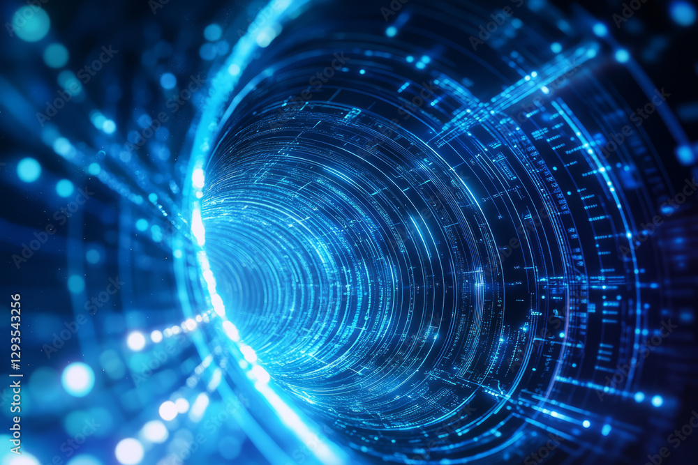 Poster a mesmerizing cybernetic light tunnel filled with glowing data streams, holographic projections, and
