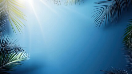 Fototapeta premium Blue sky with palm leaves framing the scene. Sunlight, a summer background. illustration with copy space. Design for a banner, poster, or flyer.